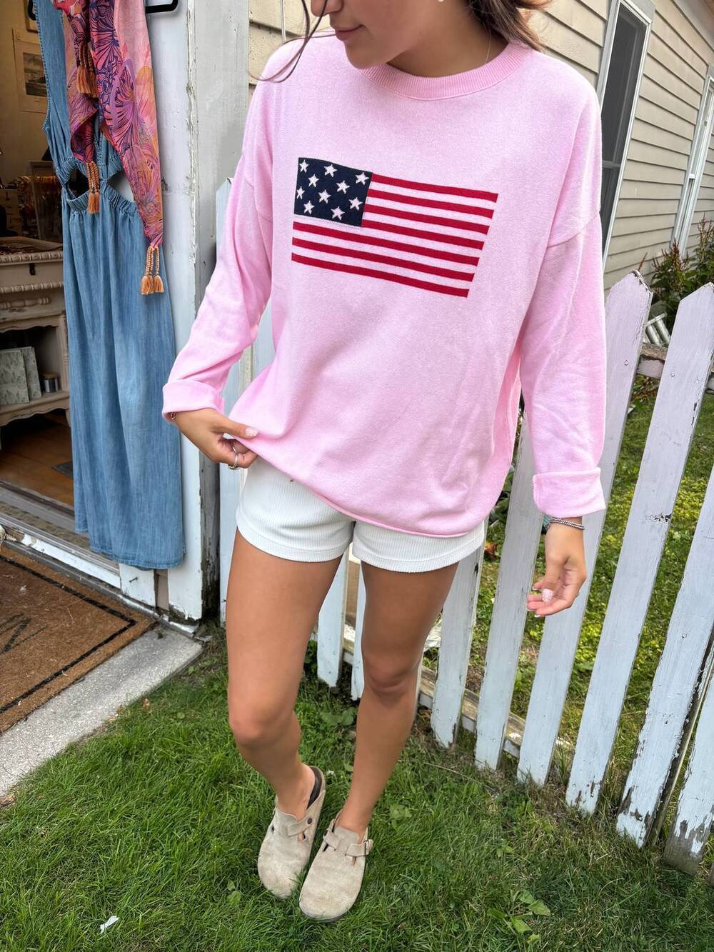 NEW TOWN PRIDE knit flag sweater in light pink combo